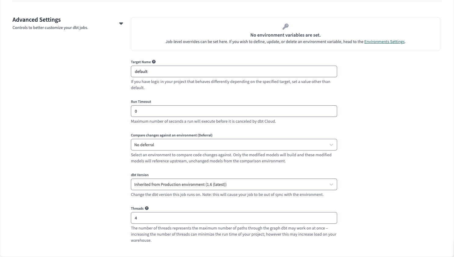 Example of Advanced Settings on Deploy Job page